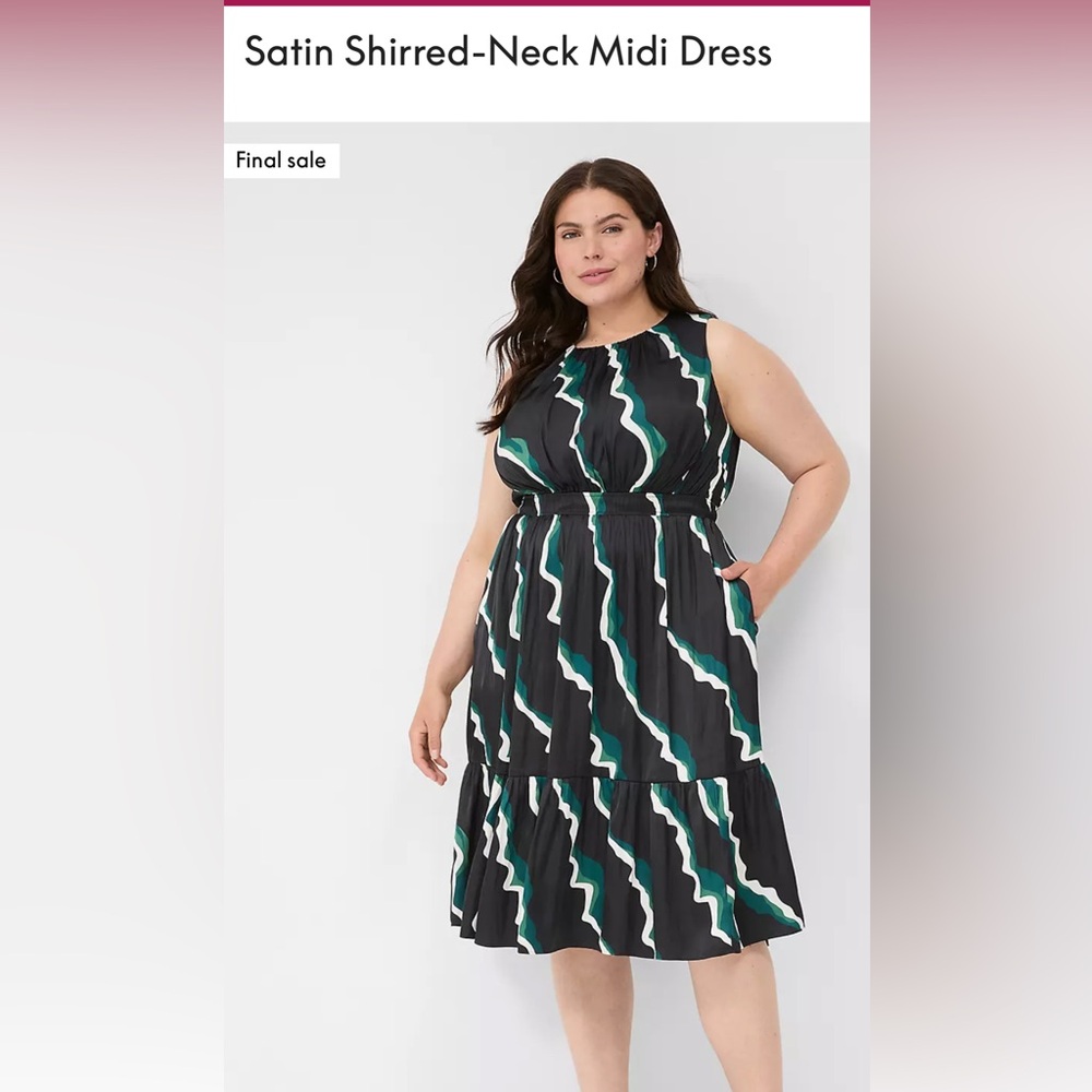 Satin Shirred Neck Midi Black and Green Sleeveless Dress
